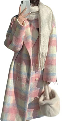 Manteau d'hiver rose à carreaux en laine mélangée pour femmes, manteau décontracté à manches longues ample, manteau coupe-vent rose, M