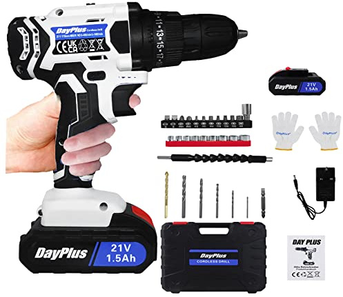Cordless Drill Set with 2 x 1500mAh Battery & Charger Power Tool Kit | 21V Electric Combi Drill and Screwdriver Set, 2-Speed, 45Nm, 25+1 Torque, Forward * Reverse Rotation, 29pcs Accessories