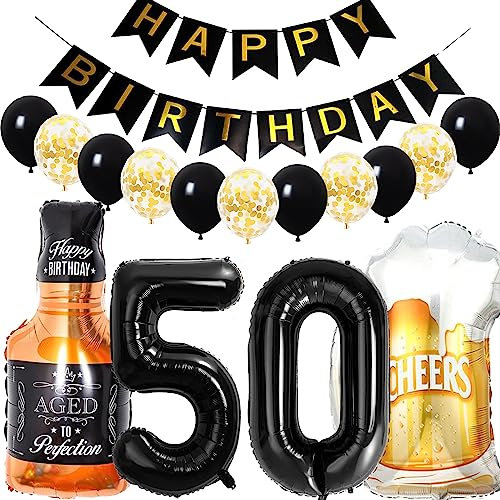 Conruich Geburtstagsdeko 50 Jahre Mann Frau, Luftballon 50. Geburtstag Deko Mann, Folienballon Zahl 50 Schwarz, Helium Ballon Whiskey Bierglas für 50. Geburtstag Manner Party Dekoration