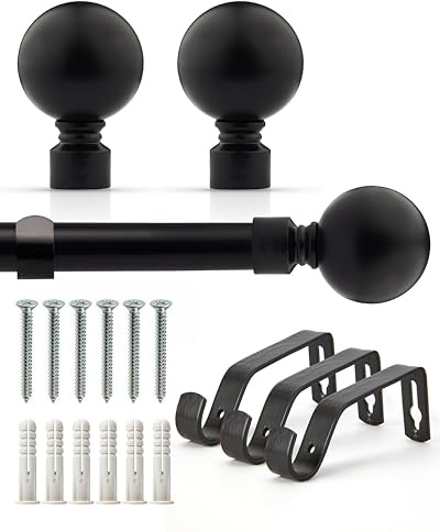 Emma Barclay Extendable Curtain Pole With Finials Brackets & Fittings Sets 16-19mm in Matt Black Metal Curtain Poles For Eyelet Curtains Rod - Ball Collection 1.6m - 3m Matt Black