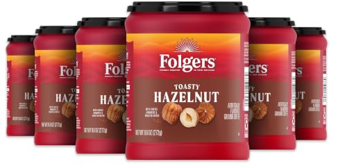 Folgers Caffè macinato aromatizzato artificialmente alla nocciola tostata, 6 barattoli | 10 oz. contenitori, Caffè tostato medio