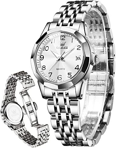 OLEVS Damenuhren Leicht zu lesen Armbanduhr mit Kleines Gesicht Silber Edelstahlband Leuchtend wasserdichte Kalender Luxus Armbanduhr