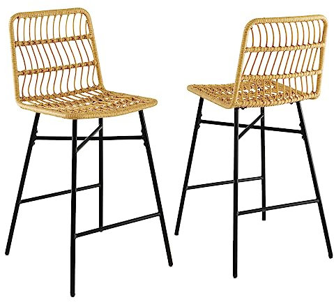 HOMASIS Juego de 2 taburetes de ratán para Bar, Taburete Alto, Estructura de Metal Resistente, taburetes de Bar de Mimbre Modernos para Cocina, Restaurante, 56x49x104cm, Color Original