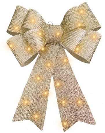 Large Bows for Christmas Tree Decoration with 30 Warm LED Lights Glitter Bow Xmas Tree Topper Christmas Bows Decorative Xmas Decor Wreath Ornament,Gold