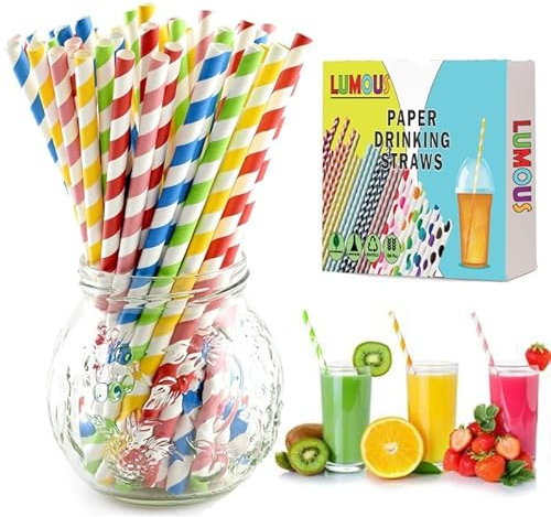 LUMOUS ROLA Paper Straws,150 Pack Paper Drinking Straws, Bio Degradable Drinking Paper Straws Wedding Party, Party Straws, Restaurant, Juice Drinking Straws (150Pcs Multi Colour Stripes)