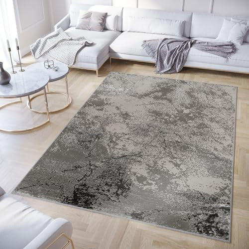 TAPISO Crystal Teppich Kurzflor Glänzend Hellgrau Schwarz Marmoreffekt 3D Effekt Wohnzimmer Schlafzimmer Modern Design ÖKO-TEX 300 x 400 cm