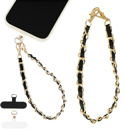 Amaxiu PU Leather Phone Charm for Women, Metal Phone Chain Lanyard Hands-Free Wrist Strap Cellphone Wrist Adjustable Strap Grip Compatible with Most Smartphones(Black Golden)