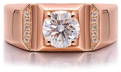 Lieson Verlobungsring für Männer, Hochzeit Ring 585 Gold Herren 14K Breit Ring 4 Zinken Rund Moissanit 1ct Freundschaftsringe Rotgold Gr. 60 (19.1)