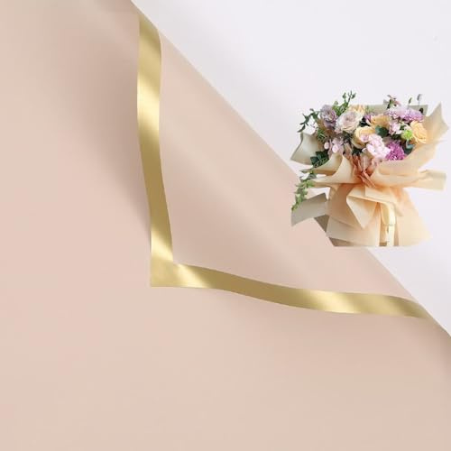 Corkwaw 20 Pcs Gold Edge Champagne Flower Wrapping Paper,Waterproof Valentine's Day Bouquet Wrapping Paper 23x23Inch Used for DIY Crafts,Gift Packaging,Flower Shop Bouquet Packaging