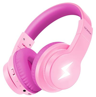 Seenda Kids Bluetooth Headphones, 3 Cool LED Lights Modes Kids Foldable Headphones Over Ear with 85dB/94dB Volume Limited Wireless/Wired Headset for PC TV Tablet School Airplane, Pink and Rose Red