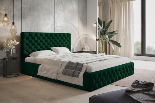 Emporius Doppelbett 180x200 Furis - Polsterbett mit Samtstoff, Schlafzimmerbett 180x200 - Bettkasten, Lattenrost, Design Bett (Grün - Kronos 19)