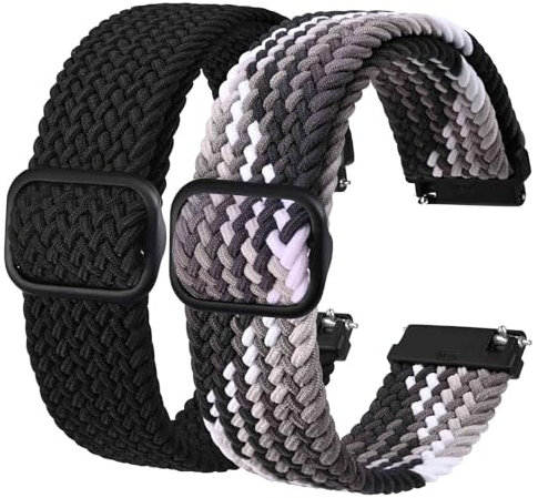BISONSTRAP 2 Stück Geflochtene Nylon Armband 18mm, Verbesserte Verstellbare Schnalle, Dehnbare Schlaufen Uhrenarmband für Herren und Damen, Schwarz+Farbverlauf Schwarz