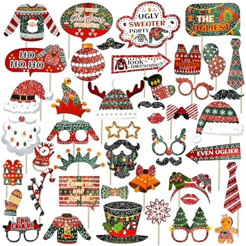 Tutamaz Fotobox Accessoires Weihnachten, 45 Stück Weihnachten Foto Requisiten, Weihnachten Party Photo Zubehör für Neujahr Silvester Geburtstag, Weihnachten Fotorequisiten Thema Geburtstag Party Deko