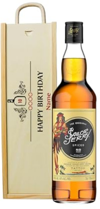 Personalised Happy Birthday Sailor Jerry Spiced Rum Gift Set in Single Wooden Box – 70cl Bottle (40% ABV) | Custom Birthday Rum Gift for Him or Her | Beerhunter Exclusive