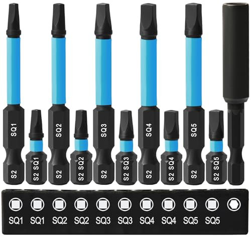 CYLBAQ Square Screwdriver Bits, 25mm/60mm Square Head Screwdriver Bit Set, 11Pcs S2 Steel 1/4” Hex Shank Tamper Proof Magnetic Security Bits with Bit Extension Holder for Impact Drill