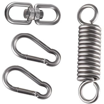 TIOMIOSEA Schwingfeder für Hängesessel, Heavy Duty Aufhängung bis 250kg, 360° Drehhaken & 2 Karabiner, Swing Spring Edelstahl Swivel Hanger für Hängematten, Hängestuhl, Boxsack