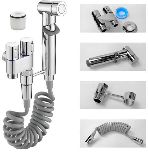 Higienicas para WC, Válvula de Control Dual con 1 Entrada y 2 Salidas, Mango Cromado, Rociador de Bidé Portátil para Inodoro, Baño y Bidé (Plata)