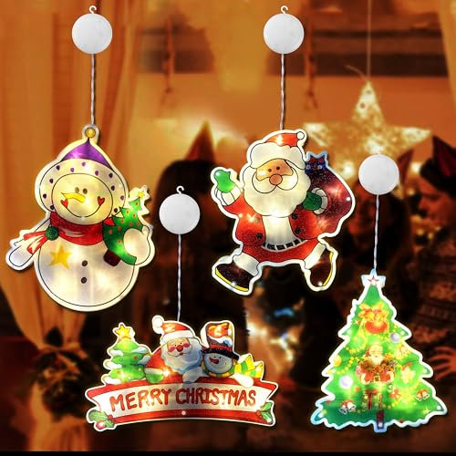Luci Della Finestra di Babbo Natale 4 Pezzi Luci Decorazione Natale per Finestra LED Lampada a Ventosa per Natale per Decorazioni Natalizie Funzionamento a Batteria (Senza Batteria)