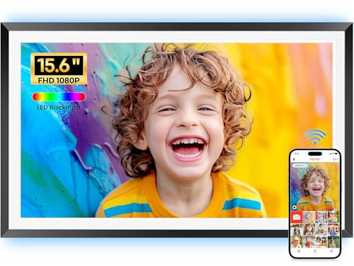 Frameo Digital Photo Frame -15.6 WiFi Large Digital Picture Frame with 1920x1080 FHD IPS Touchscreen, Built-in 32GB Storage, Instant Sharing via Frameo App, LED Lighting,Auto-Rotation