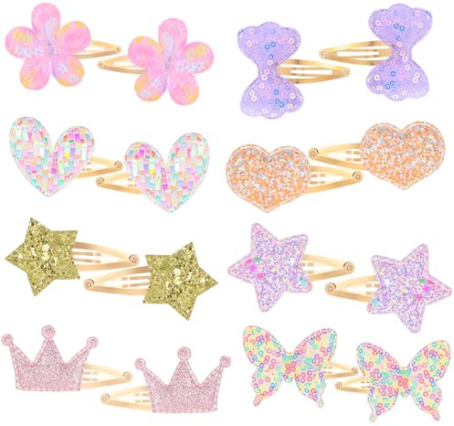 YUXIANLB 16 Stück Haarspangen Set Bunte Metall Haarnadeln mit Druckknopf Glitzer Blumen Süße Haarschmuck Accessoires für Mädchen Geburtstag Party Alltag Fotoshootings Vielseitige Regenbogen Haargummis