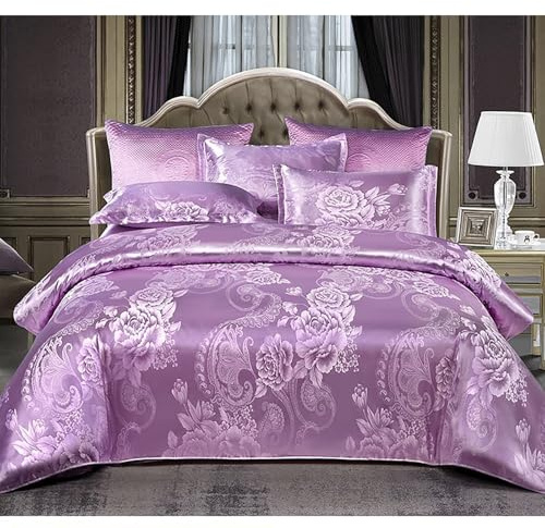 E-yimeng Double Bedding Set Silk Satin Duvet Cover Sets Bohemian Bed Cover with 2 Pillowcases Zipper Luxury Reversible Hotel Quality Easy Care Super Soft Bedding Collections Purple 200x200 cm
