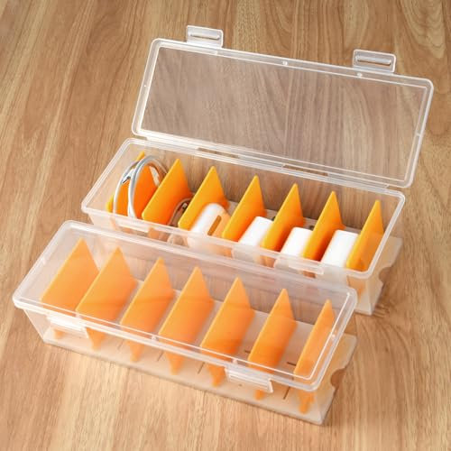 vsshe Cable Ties Management Box with Lid, 2 Pcs Data Cable Ties Tidy with Adjustable 7 Compartments, Storage Organiser Small, Plastic Storage for Charger Organiser for Desk Wire Tidy Home Transparent