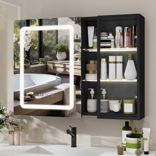 YU YUSING Badezimmer Spiegelschrank mit Beleuchtung 80x60cm, LED Badezimmerschrank mit Spiegel 2 Beleuchtete Regale 1 Glastür, 3 Dimmbare Farben, Beschlagfrei, IP54 Wasserdicht, Badschrank Schwarz
