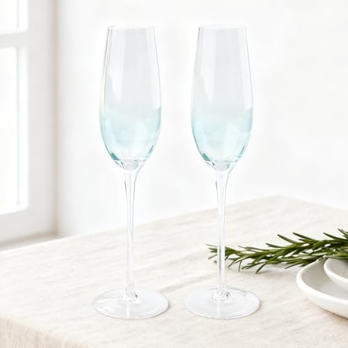 PRITOK Champagne Flutes: 2-Piece Crystal Glass Prosecco Glasses Set, Elegant Gradient Blue Insert Cut Champagne Glass, Premium Crystal, for Party and Home Entertaining (Gradient Blue/250ml)