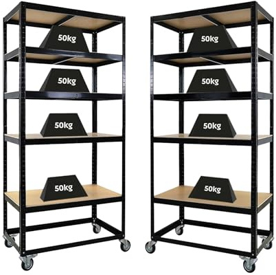 PROREGAL Mega Deal 2X Kommissionierwagen BÜFFEL Fahrbares Kommissionierregal 192x90x50cm 5 Ebenen Fachlast 50kg 2X Lenkrollen & 2X Lenkrollen mit Feststellbremse Schwarz Regal auf Rollen Regalwagen