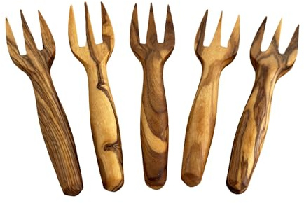 Mini-Gabel „Piccolo“ 7  cm aus Olivenholz – handgefertigte Tafelgabel | nachhaltig & natürlich. 1 Set mit 5 Gabeln.