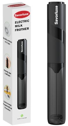 Savorluxe Electric Milk Frother - Stainless Steel Egg Beater - Portable Battery-Powered Handheld Milk Frother, Suitable for Lattes, Cappuccinos, Matcha & More - with Dust Cover, Matte Black & Silver