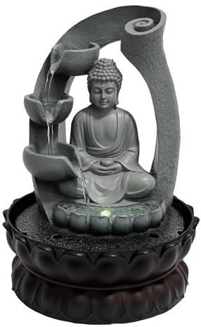 Lotus-Buddha Tischbrunnen mit LED-Beleuchtung, Tischbrunnen mit Wasserfall, Moderne Zen Deko mit geräuschloser Pumpe, Entspannung Meditationsdekoration für Haus, Büro, Garten, Wohnzimmer