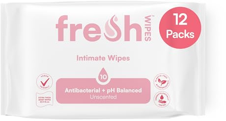 FreshWipes Unscented Intimate Hygiene Wipes 12 Pack (120 Wipes) - Gentle Cleansing Wet Wipes for Women & Men - Odour Removing & pH Balanced for Sensitive Skin - Dermatologically Tested