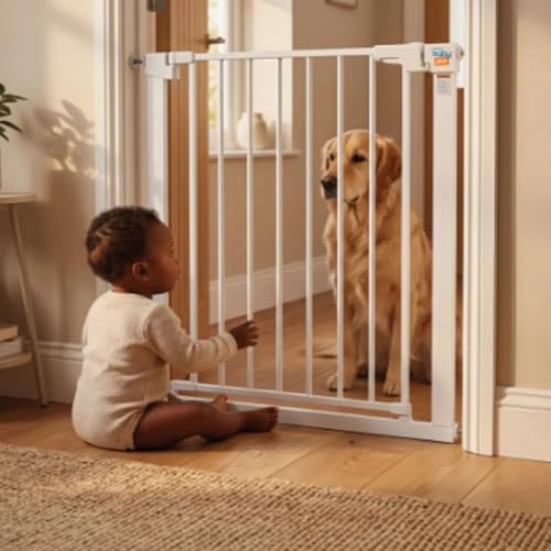 Baby Safety Gates | Baby Gate for Stairs and Doors | Automatic Closing Easy Install Child Gate | Adjustable width 75 to 82cm White