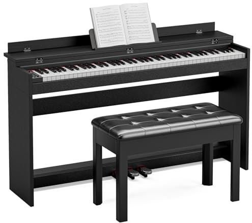JOINATRE 88 Key Full Size Digital Piano Keyboard,Weighted Hammer Action Electric Piano with Professional Three-Pedal & Multi-Functional Dust Cover (Bright black with Bench)