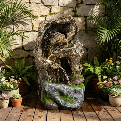 GYMAX Fuente Decorativa para Jardín y Exteriores (4 Niveles, Marrón) | Fuente Decorativa con Iluminación LED y 4 Boquillas Intercambiables para Terraza, Balcón y Jardín
