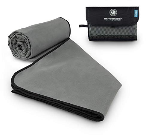 BERGBRUDER Microfaser Handtücher - Ultraleicht, kompakt & schnelltrocknend - Strandtuch, Badetuch Set mit Tasche (Set SL = 1x S 80x40 cm & 1x L 160x80 cm, Grau-Schwarz)