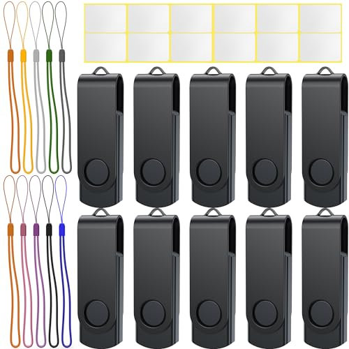 Uflatek 16GB USB Sticks Speicherstick Memory Stick USB 2.0 10 Stück Schwarz Flash Drive Rotate Flash Laufwerk Metall Thumb Drive Externer Datenstick mit Lanyard