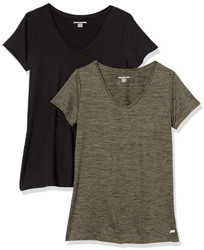 Amazon Essentials Damen Active Quick Dry Tech Stretch Kurzarm-T-Shirt mit V-Ausschnitt (in Übergröße erhältlich), 2er-Pack, Olivgrüner Weltraumfarbstoff/Schwarz, XL