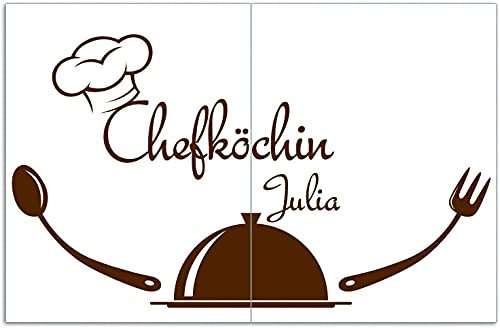Wallario Herdabdeckplatte/Spritzschutz aus Glas, 2-teilig, 80x52cm, für Ceran- und Induktionsherde, Motiv Chefkoch Chefköchin Hier Kochen Plus Wunschname