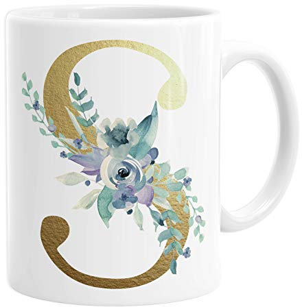 Personalised Initial S Any Letter Gold Shimmer Floral Mug Coffee Cup Tea