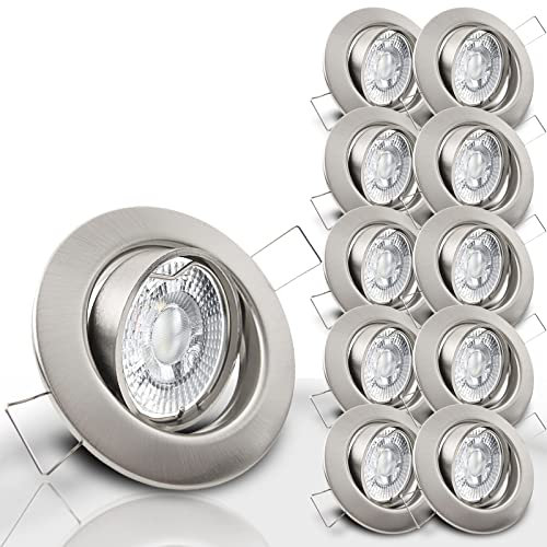 trendlights24 Decora Decken Einbaustrahler flach 35 mm 230V 10er Set - LED Spots je 5W Neutralweiß 400lm austauschbar - Edelstahl gebürstet Optik 68 mm