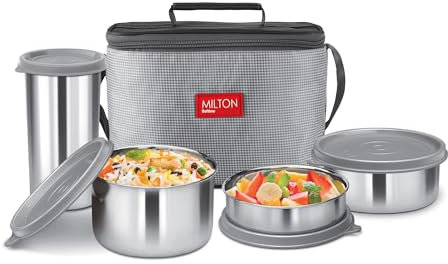 MILTON Delicious Combo Edelstahl Isolierter Tiffin mit Jacke, Set mit 3 Behältern (200ml, 320ml, 500ml) und 1 Tumbler-380ml, Grau | Luftdicht | Spülmaschinenfest | Leicht zu tragen