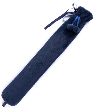 LIVIVO 2L Extra Long Hot Water Bottle – 75cm Natural Rubber Heat Pack with Soft, Removable & Washable Fleece Cover – Navy with Pom-Pom Design