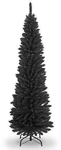 SHATCHI 4Ft-8Ft Artificial Flocked Slim Christmas Pencil Tree Holiday Home Decorations with Pointed Tips and Metal Stand, Black, 210 cm