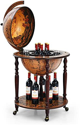 COSTWAY Bar Globe Cartographie Marine du XVIe Siècle, Globe Porte-Bouteilles 45cm Mobile en Bois avec 4 roulettes et Style Rétro, pour Salle à Manger, Salon, Bar, Cave à Vin (Marron)