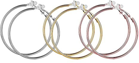 3 Paar Ohrclips, großes Creolen-Set, nicht durchbohrte Damenohrringe, Hypoallergene Damenohrringe aus Vergoldetem Roségold und Silber(7cm)