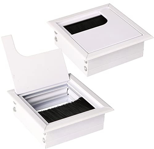 KOTARBAU® 2 x Pasacables de aluminio 80 x 80 mm, Pasacables para muebles, Blanco, Pasacables rectangular de aluminio para mesa, escritorio, Organizador de cables, Boquilla para cables con tapa, 2 uds
