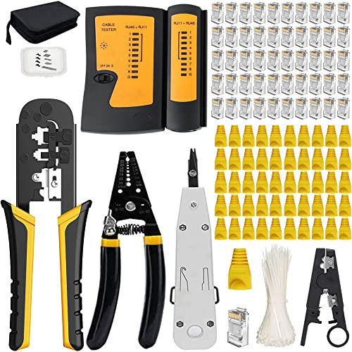 MAYLINEE CAT5 Pelacables Alicates RJ45 Herramientas de Reparación de Red Juego de Comprobador de Cables de Red Kit 4P/6P/8P de Mantenimiento de Red para Crimpadora 50 Conectores (Naranja)