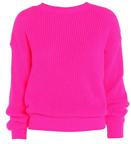 FAIRY BOUTIQUE Maglione da donna a maniche lunghe lavorato a maglia a rete largo, oversize girocollo, Rosa fluo, 52-54